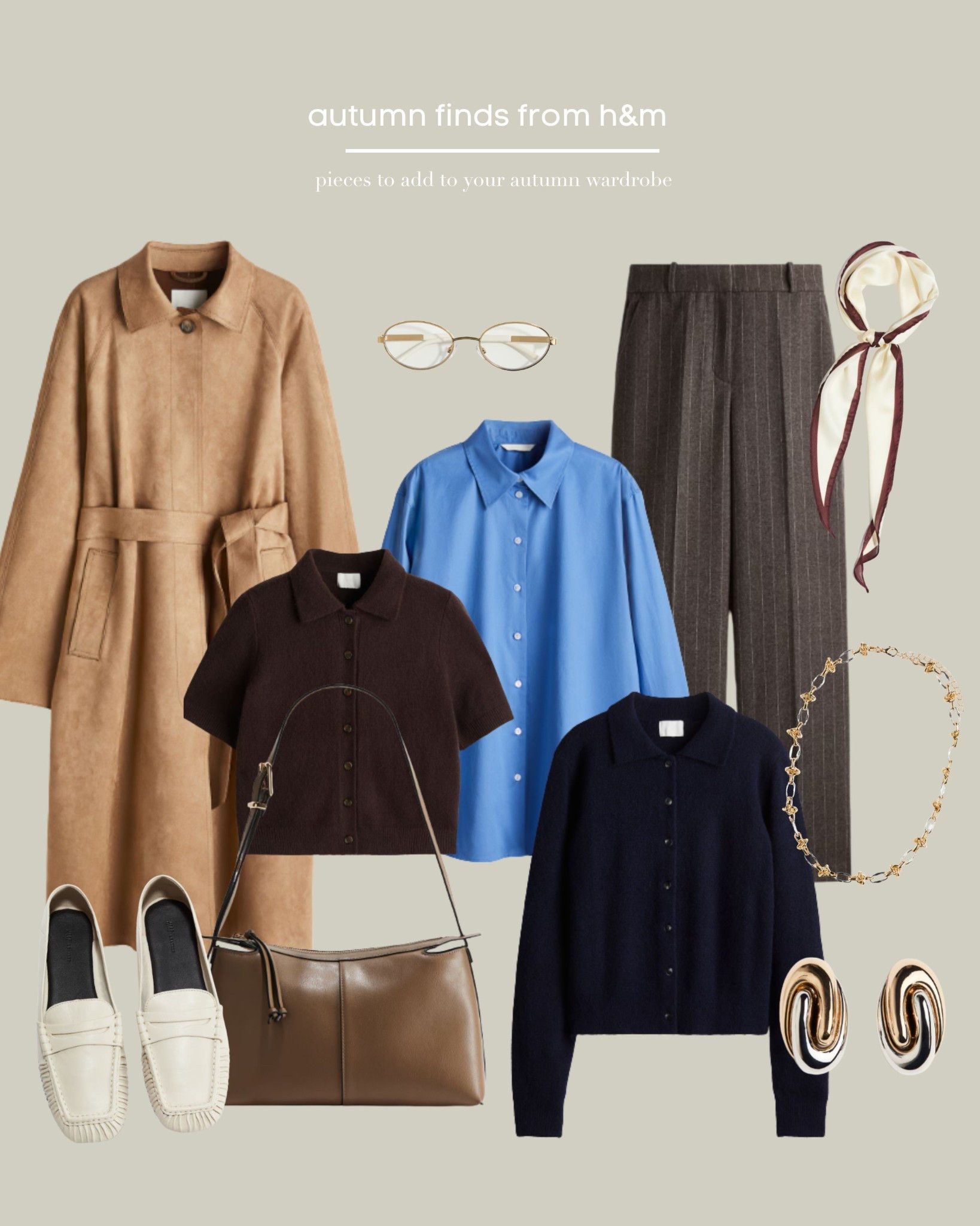 H&M, Autumn, Fall, Coat, Trench Coat, Suede Coat, Suede Jacket, Blue Shirt, Casual Shirt, Brown Knitwear, Chocolate Brown, Navy Cardigan, Loafers, White Loafers, Gold Jewellery 

#LTKuk #LTKautumn #LTKeurope