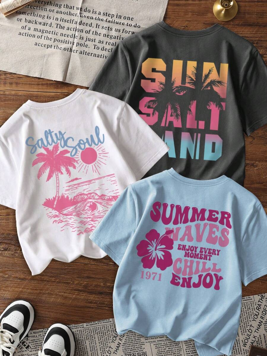 3pcs/Set Girls' Casual Printed Round Neck Short Sleeve T-Shirt, Summer Student Young Cute Minimal... | SHEIN