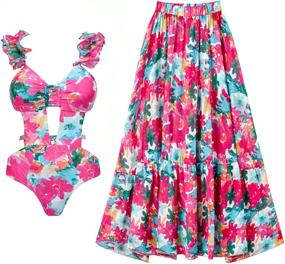 Women's One Piece Swimsuit with Cover Up Skirt Bikini Sarong Set Floral Print Bathing Suit with W... | Amazon (US)