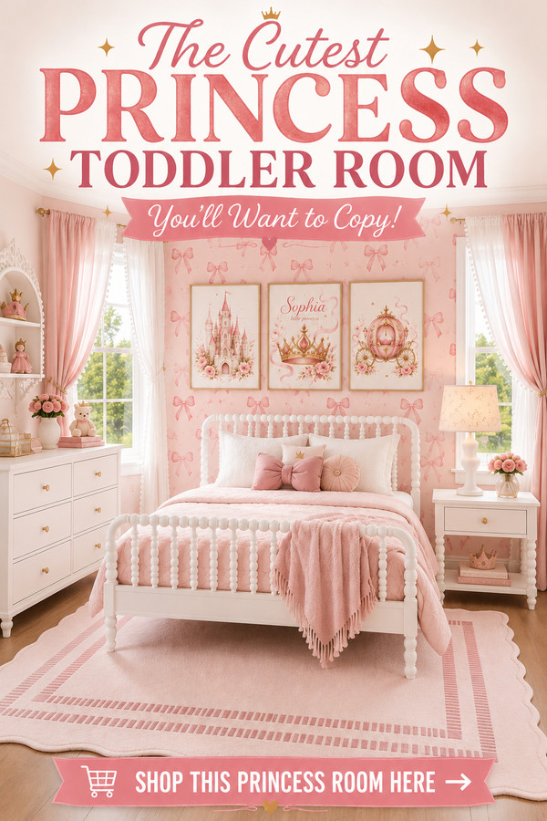 Create the sweetest princess toddler room with a charming white spindle bed, pink bow wallpaper, beautiful princess wall