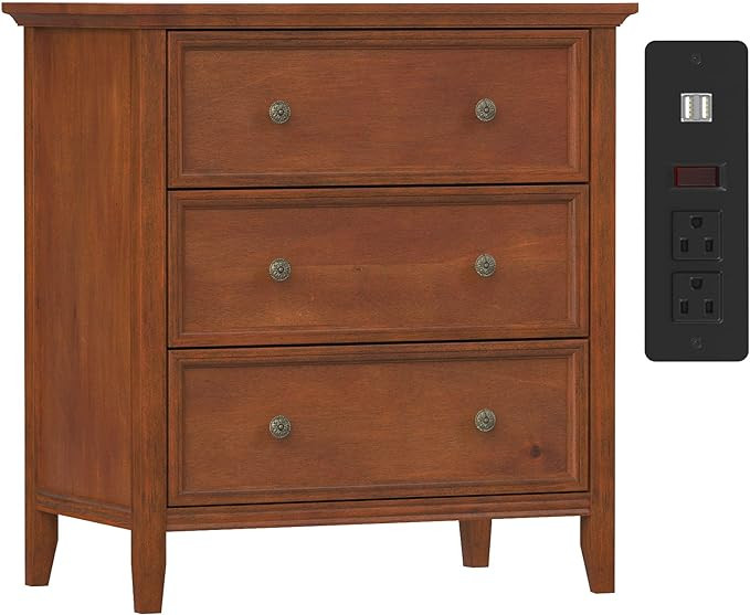 IKENO Nightstand with 3 Drawers and Charging Station, Solid Wood Nightstand Organizer for Bedroom | Amazon (US)