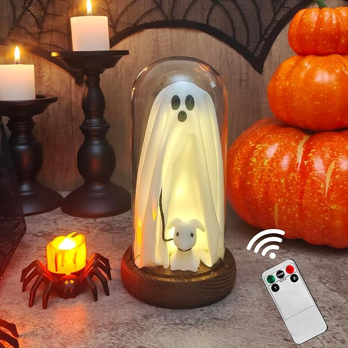Halloween Decorations Indoor-Light Up Ghost in Glass Cloche-Cute Ghost Walking Dog with Light for... | Amazon (US)
