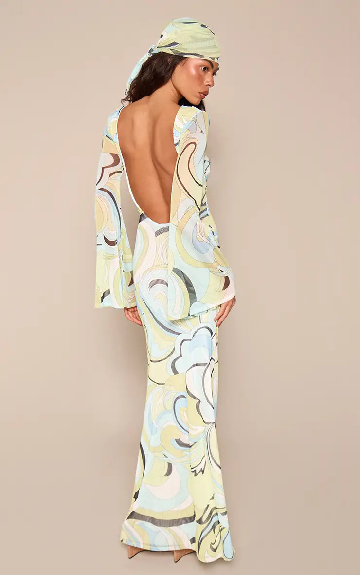 Blue Swirl Print Mesh Boat Neck Open Back Long Sleeve Maxi Dress | PrettyLittleThing UK