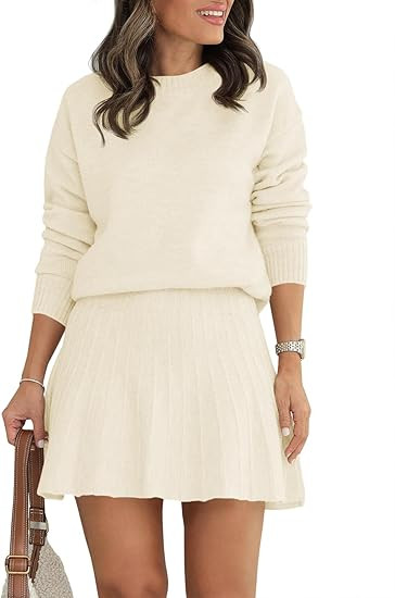 Tankaneo Womens Skirt 2 Piece Sweater Set Long Sleeve Crewneck Sweaters Pleated Mini Skirt Knit L... | Amazon (US)