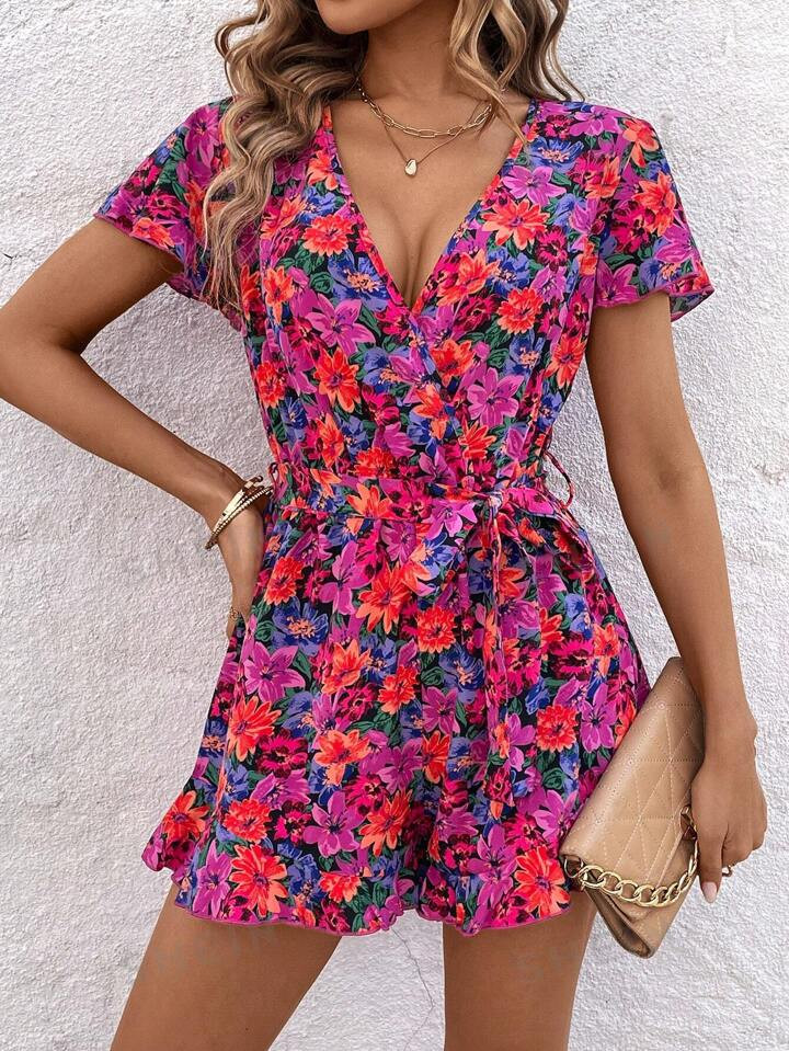 SHEIN Clasi Women's Floral Print Ruffle Short Sleeve Playsuit For Summer Vacation | SHEIN