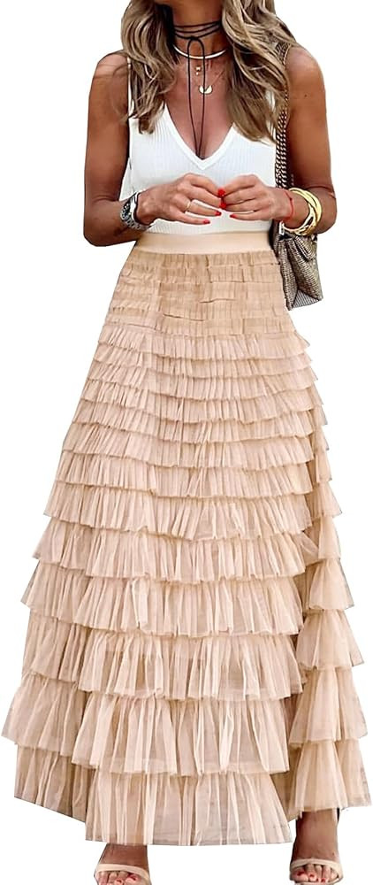 Womens Long Maxi Tulle Skirt A Line Ruffle Mesh High Waisted Tiered Layered Skirts Petticoat | Amazon (US)