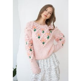 Stitch Floral Diamond Pom-Pom Hand Knit Sweater in Pink | Chicwish