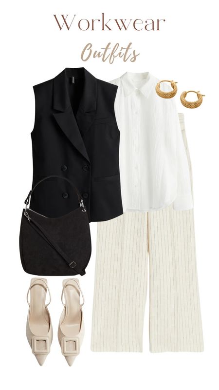 Black vest, white shirt, white pinstripe pants, bucket bag, workwear, office outfit, work outfit 

#LTKfindsunder50 #LTKstyletip #LTKworkwear