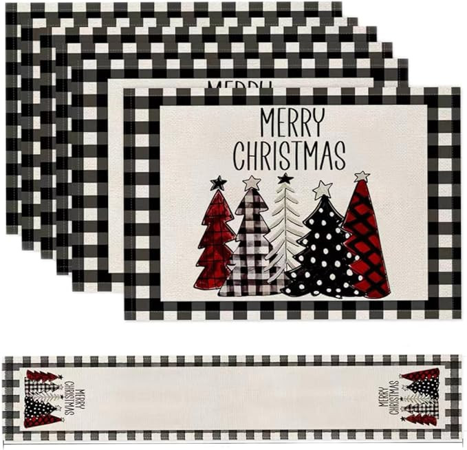 7 Pcs Buffalo Plaid Christmas Table Runner and Placemat Set Black and White,72x13 Inch Runner wit... | Amazon (US)