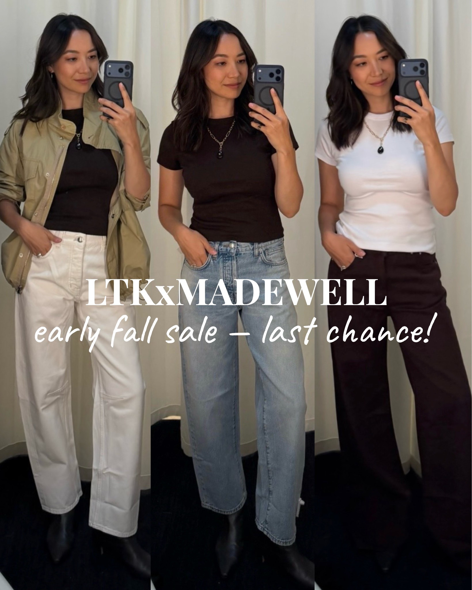 Madewell early fall sale selects — 20% off sitewide with code LTK20, sale ends tonight! 

Outfit 1: 
Jacket — wearing medium, could’ve sized down for a more fitted look 
Tee — xs 
Darted barrel jeans — 25 reg

Outfit 2: 
Tee — xs 
Barrel jeans — sized down to 24 reg 

Outfit 3:
Tee — xs 
Ultimate wide leg jeans in airy denim — 25 reg 

Early fall selects / fall outfit / style over 30

#LTKxMadewell #LTKSaleAlert