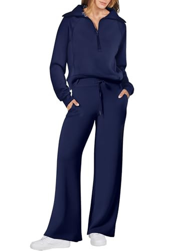 ANRABESS Women 2 Piece Outfits 2025 Fall Fashion Airport Wide Leg Pants Lounge Set Leisure Travel Vacation Clothes Sweatsuits Navy Blue Medium | Amazon (US)