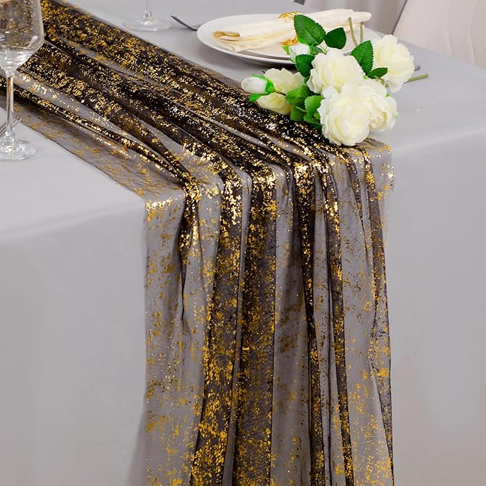 Snowkingdom Black and Gold Cheesecloth Table Runner 10 FT, Sheer Chiffon Sparkle Gauze Mesh Runne... | Amazon (US)