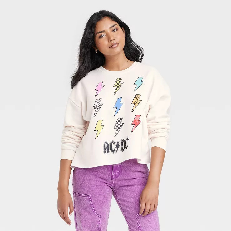 Women's AC/DC Lightning Bolt Graphic Sweatshirt - Cream XL | Target