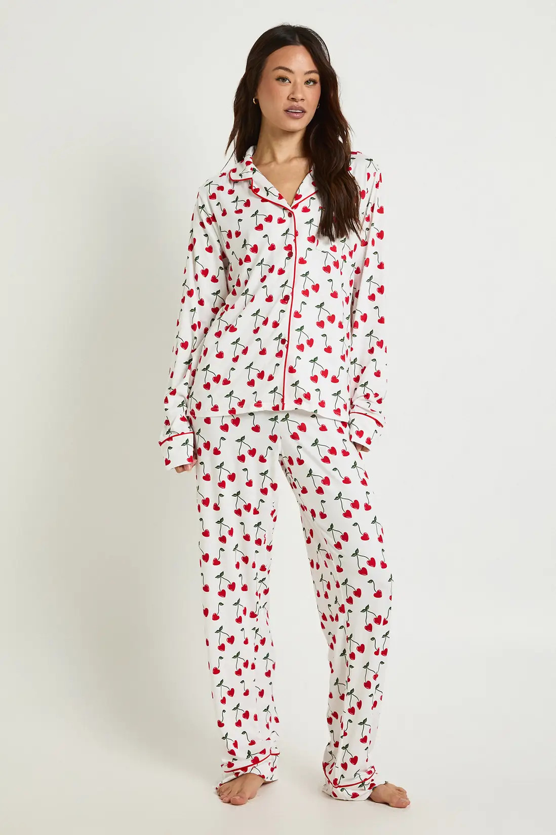 Tall Heart Cherry Print Long Sleeve Shirt & Trouser Pyjama Set | boohoo (US & Canada)