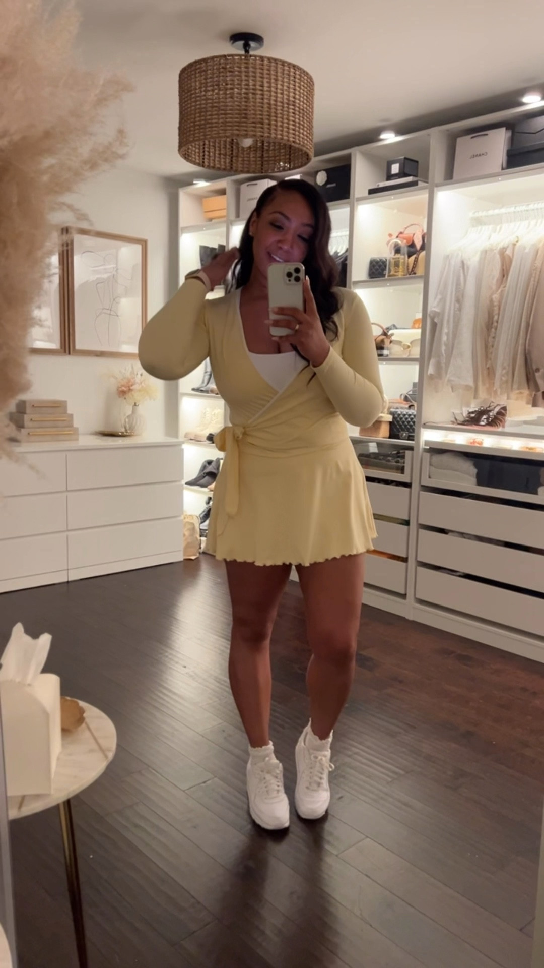 In love with this butter yellow set! I’m wearing a Medium and it runs pretty TTS. I’d say size down if you want a more fitted look like I did but keep your true size if you’re top heavy or just want more chest coverage. Shorts underneath and perfect for fitness or errands! I also got it in pink! 💛