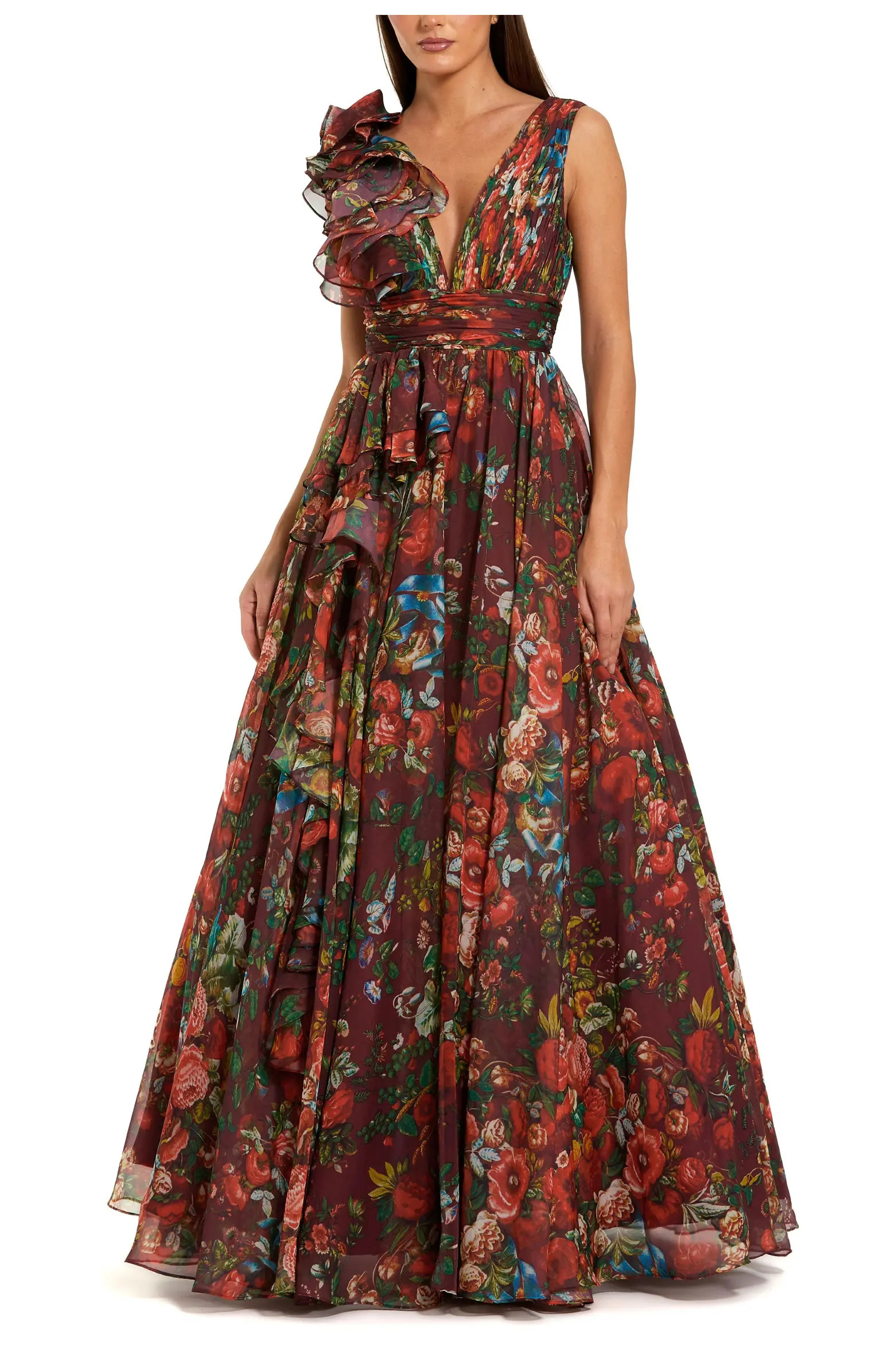 Ruffle Shoulder V-Neck Printed Chiffon Gown | Nordstrom