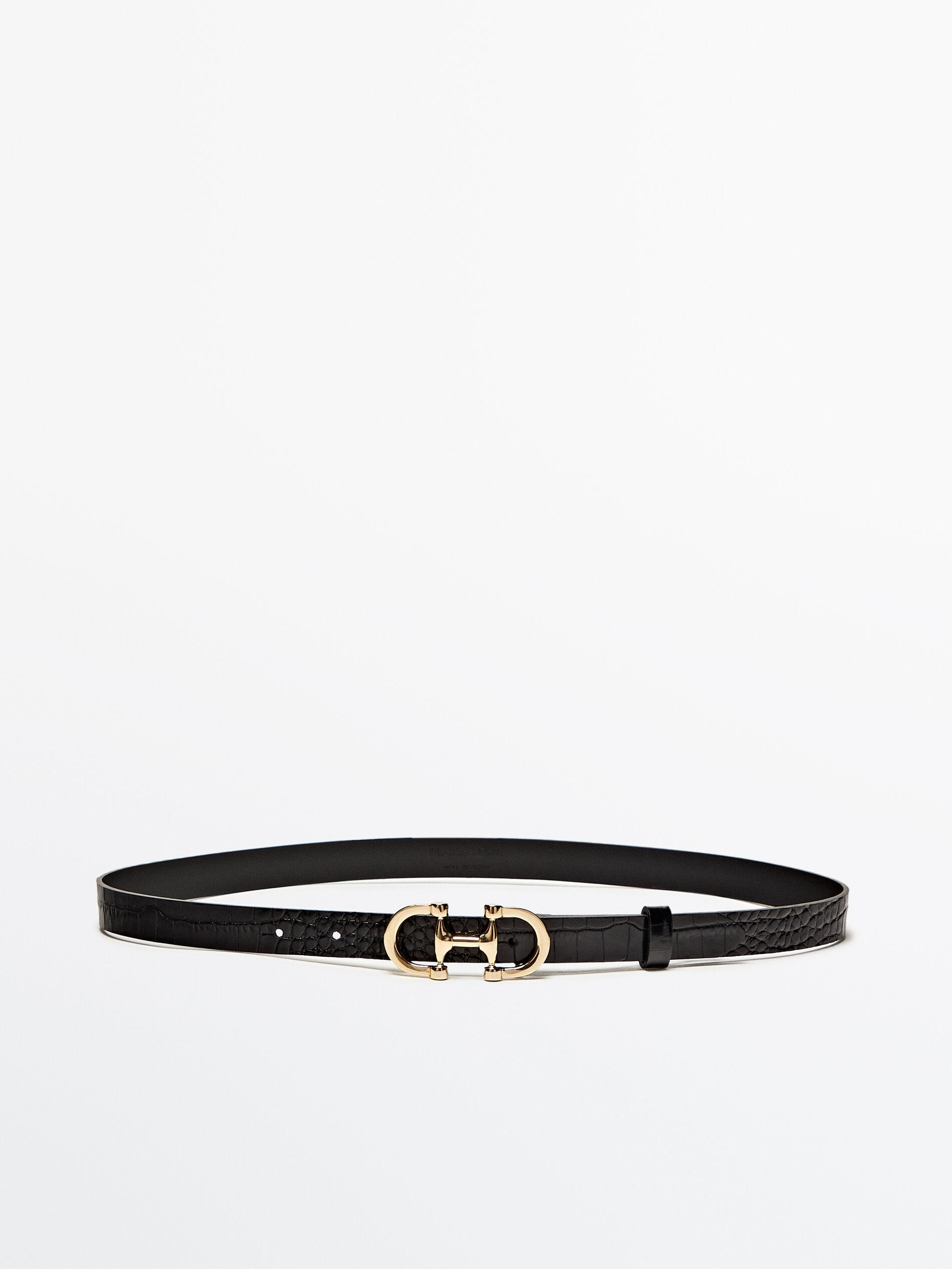 Embossed leather belt with double buckle | Massimo Dutti US