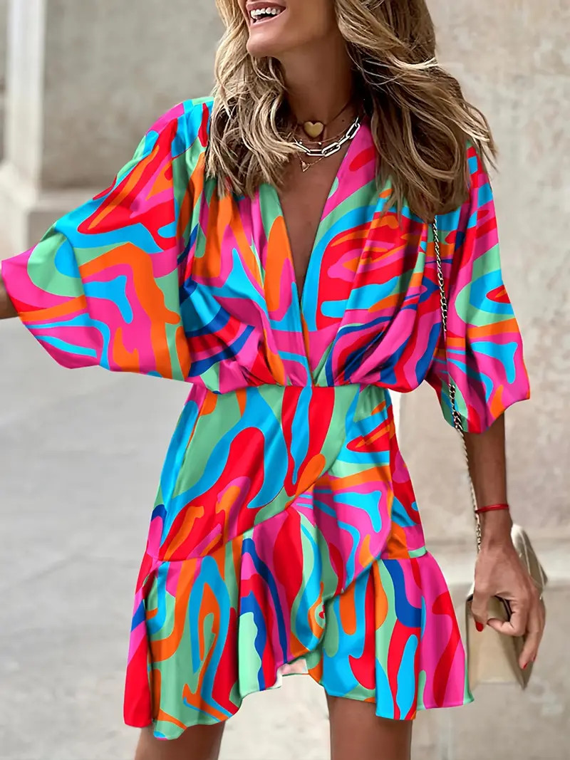 Color Block Ruffle Hem Dress Short Sleeve V neck Dress - Temu | Temu Affiliate Program