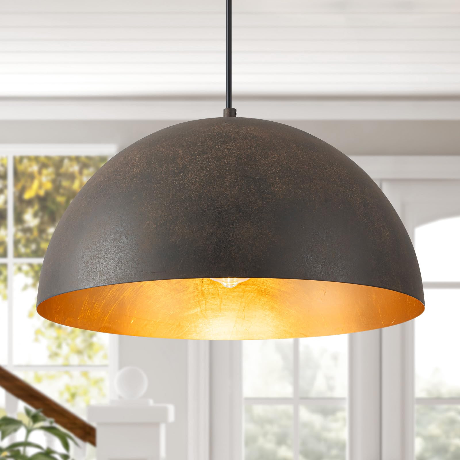 Farmhouse Pendant Light,15.7" Black with Brown Grain Industrial Dome Light Fixture,Adjustable Vin... | Amazon (US)