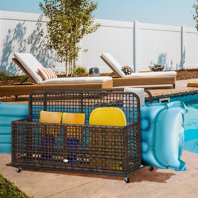 Outsunny 110 Gallons Gallon Water Resistant Wicker Cabinet Deck Box with Wheels | Wayfair North America