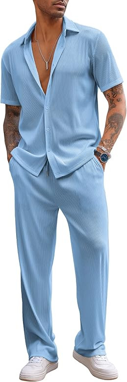 COOFANDY Men's 2 Piece Outfit Casual Short Sleeve Button Down Shirt Beach Summer Loose Pant Sets | Amazon (US)