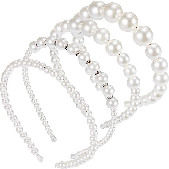 Amazon.com : 4 Pieces Pearls Headbands Women White Faux Pearl Rhinestones Hairbands Bridal Hair H... | Amazon (US)