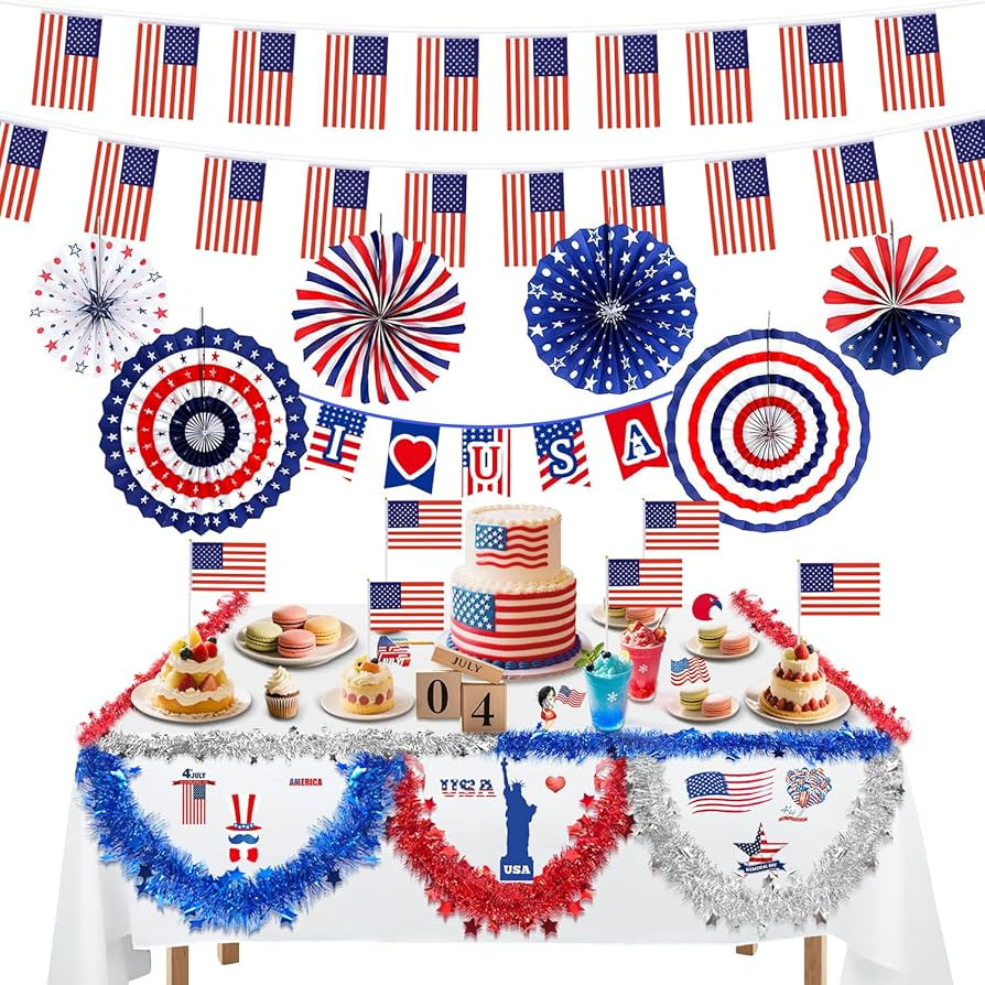 StarJutsu 4th of July Decoration Set Paper Fans Tinsel Garland Streamer Flags LOVE USA Patriotic ... | Amazon (US)