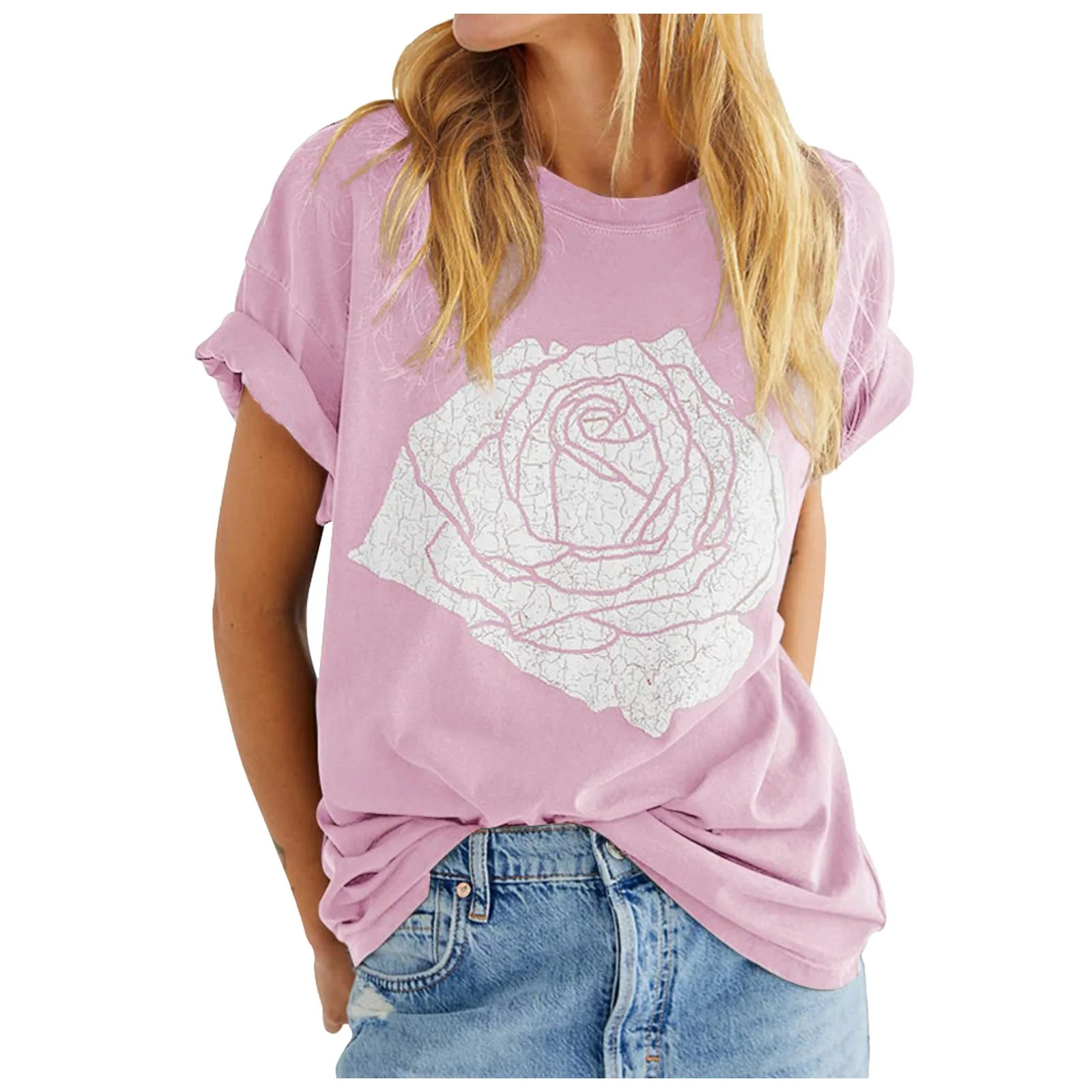 Womens Graphic T Shirts Rose Graphic Loose Fit Summer Short Sleeve Boyfriend Casual Crew Neck Tee... | Walmart (US)