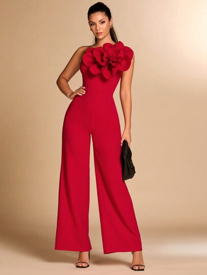 SHEIN BAE Red Asymmetric Shoulder Tight Fitting Elegant 3D Floral Decor Jumpsuit, Suitable For Co... | SHEIN