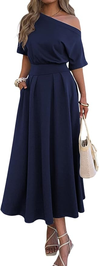 Mieazom Elegant Empire Waist One Shoulder Maxi Dresses for Women Pockets | Amazon (US)