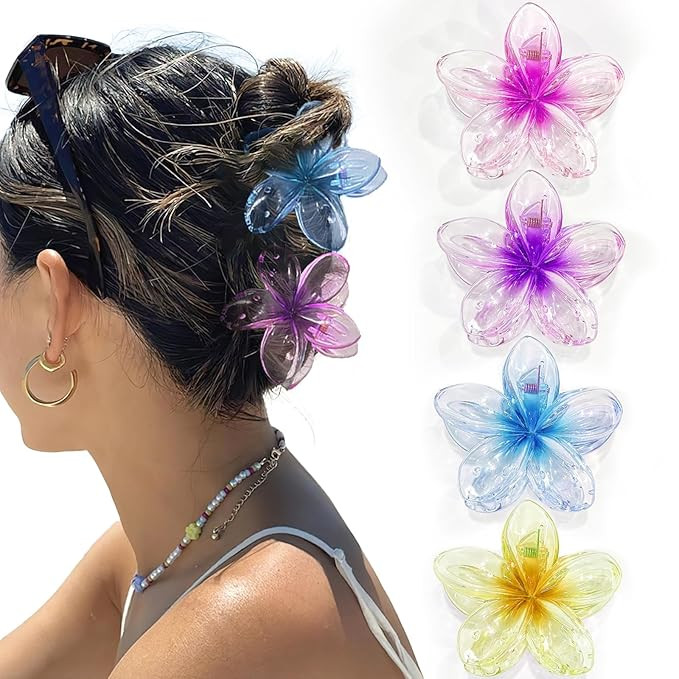 Colorful Clear Flower Hair Claw Clips - 4PCS Large Hawaiian Style Clips for Thick/Thin Hair, Birt... | Amazon (US)