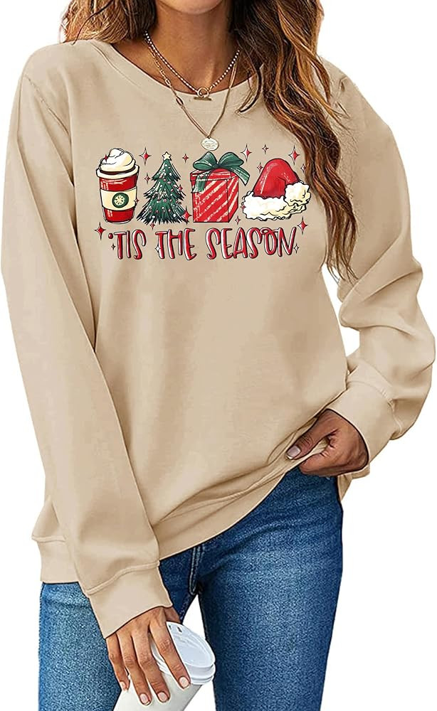 PECHAR Christmas Sweatshirts Women Tis The Season Xmas Shirt Christmas Tree Graphics Tees Holiday... | Amazon (US)