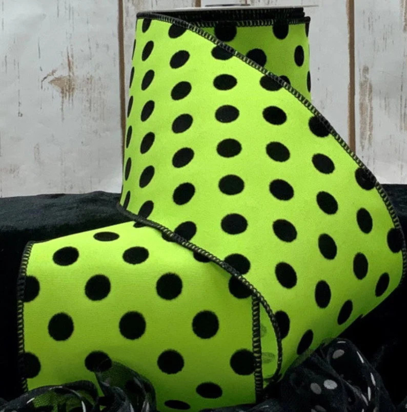 D Stevens, 10 Yards, 4 Inch Wired Ribbon, Black Dot Ribbon, Lime Green Ribbon, Polka Dot Ribbon, ... | Etsy (US)