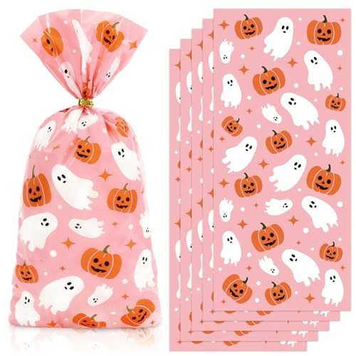 JarThenaAMCS 100Pcs Halloween Boo Cellophane Treat Bags with Twist Ties Ghost Pumpkin Plastic Gift Bags Pink Candy Goodie Bags for Party Snacks Cookies Packing Supplies | Amazon (US)
