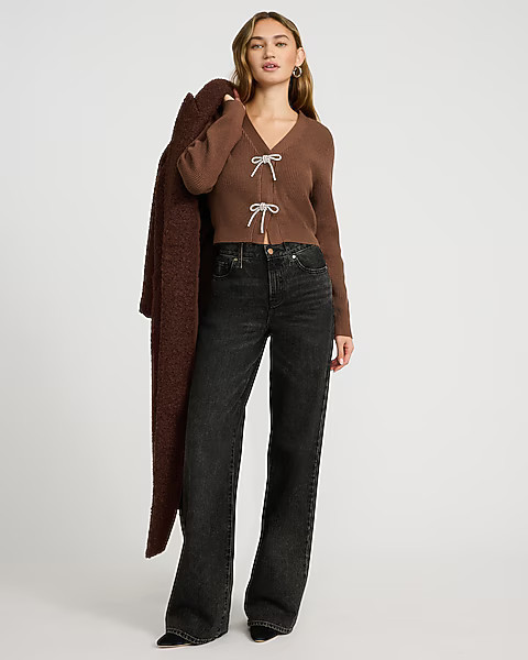 Ribbed V-Neck Rhinestone Bow Cardigan | Express