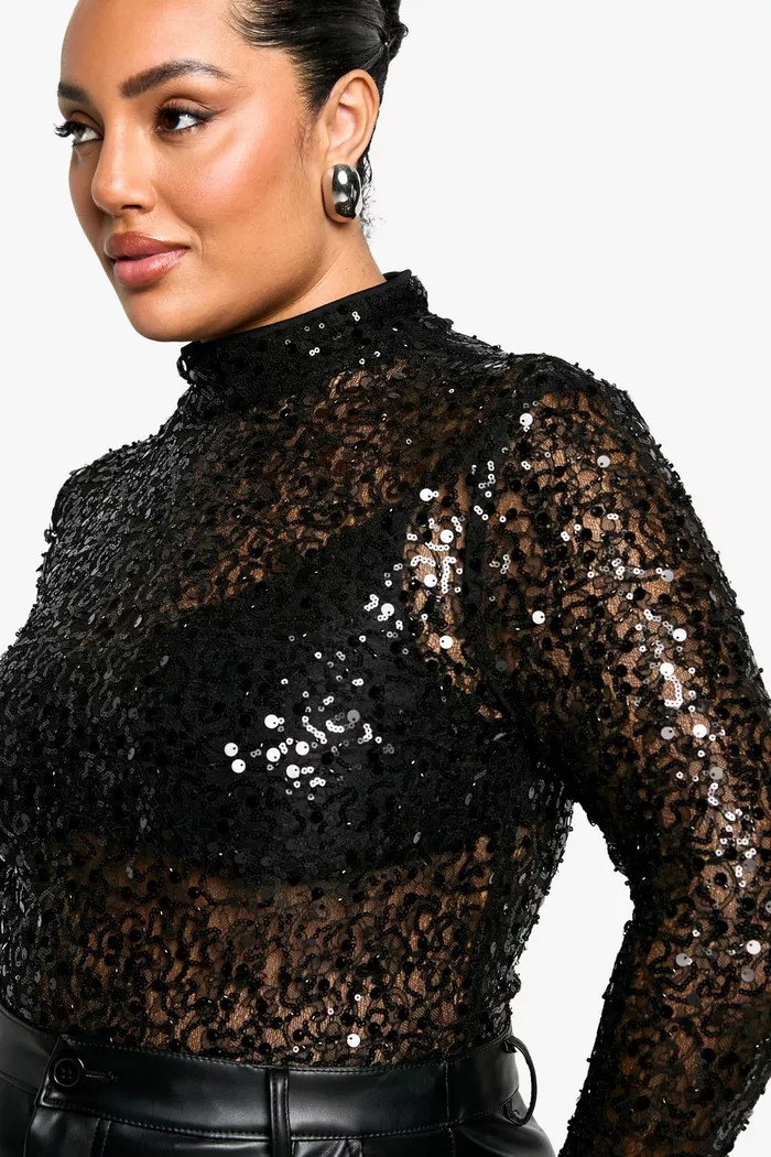Plus Beaded Sequin High Neck Bodysuit | boohoo (US & Canada)