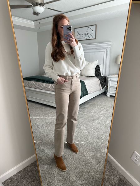 White oversized sweater from Amazon paired with Abercrombie 90s high-rise straight jeans in the color, oat with dolce Vida Western booties  

#LTKSeasonal #LTKHoliday #LTKstyletip