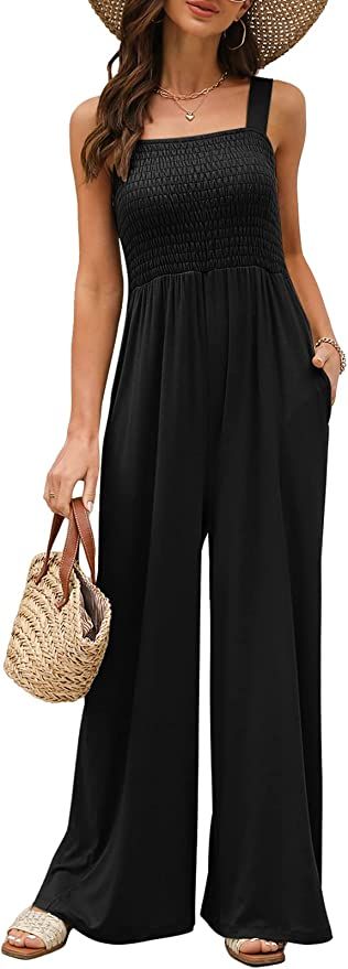 AUTOMET Jumpsuits for Women Casual Jumpers Summer Rompers Sleeveless Loose High Waist Wide Leg Ov... | Amazon (US)