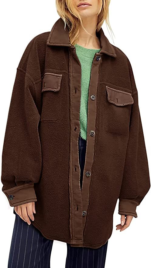 Amazon.com: Womens Oversized Long Sleeve Button Down Shirt Jacket Soft Comfy Casual Shacket Coats... | Amazon (US)
