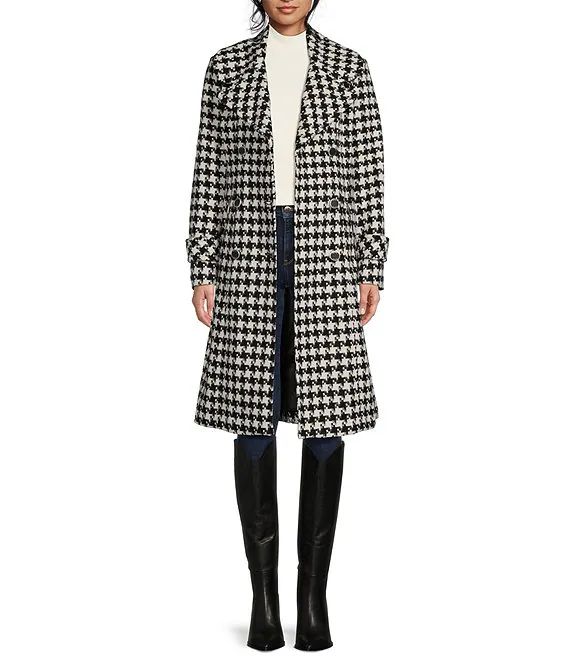 Double Breasted Houndstooth Wool Blend Belted Trench Coat | Dillard's