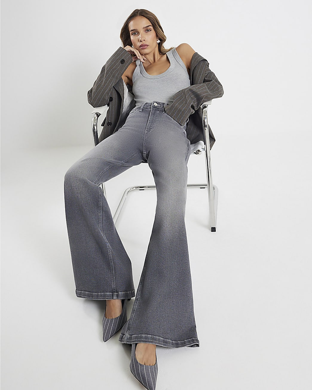 Grey Palazzo Wide Leg Jeans | River Island UK & IE