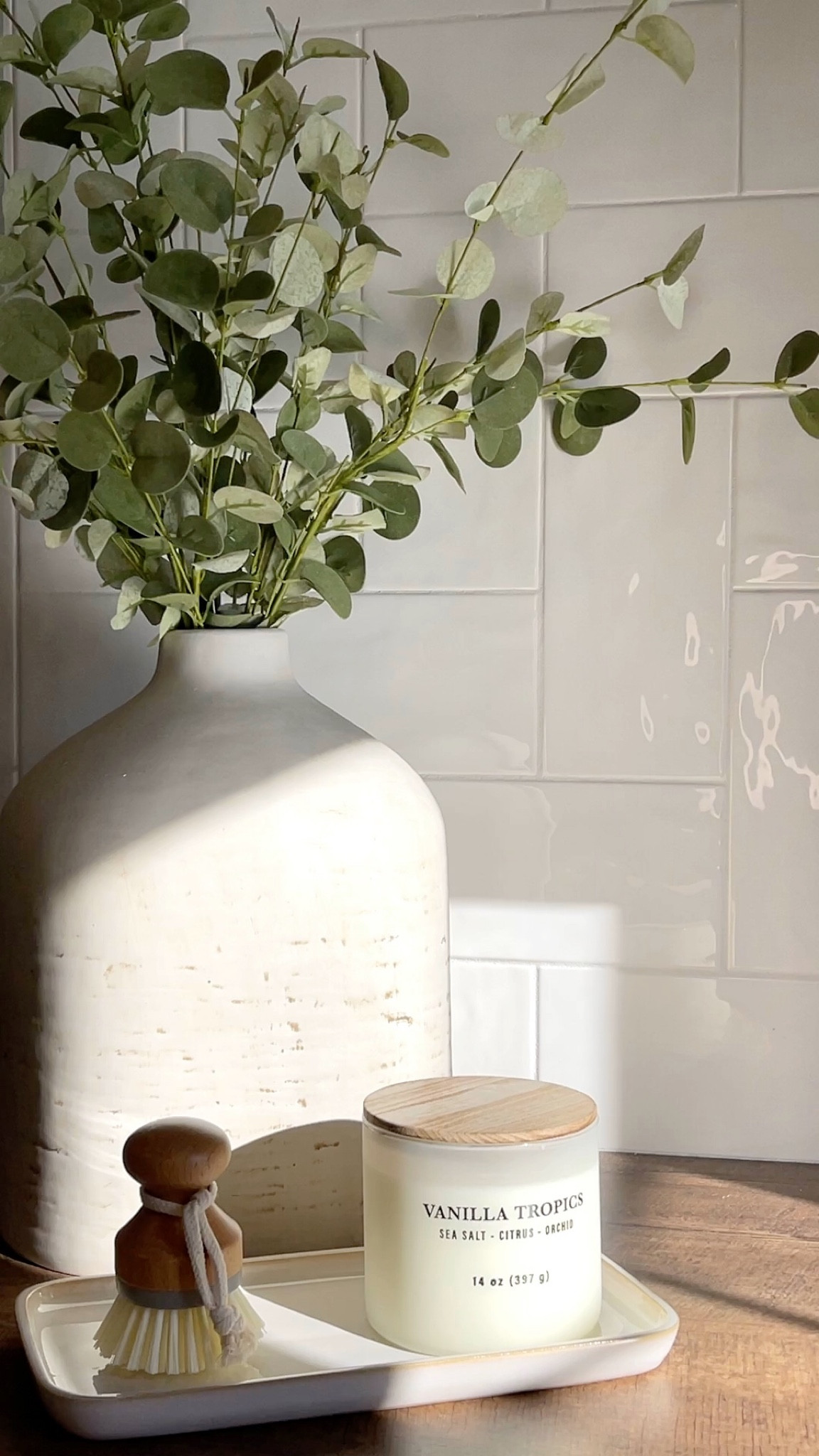 Faux greenery, vase, candle, brush & tray for home decor.

#LTKhome #LTKfamily #LTKFind