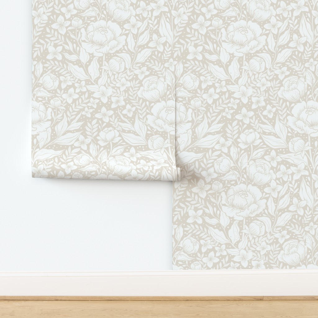 Wallpaper in Peonies -neutral botanical Art Nouveau large scale Victorian wallpaper | Spoonflower