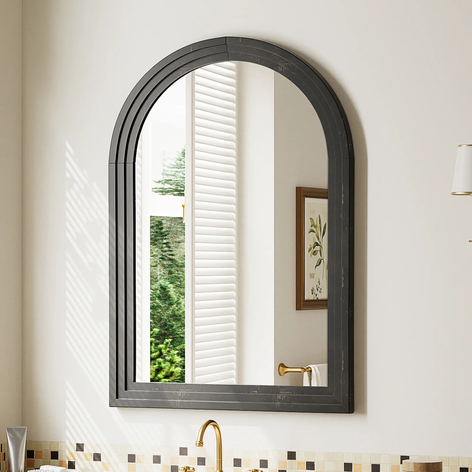 MIRSTORY 24"x36" Arched Bathroom Mirror Wooden Mirror Wall Mounted, Black | Walmart (US)