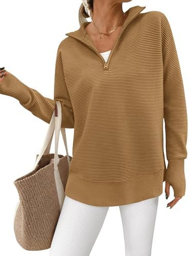 PRETTYGARDEN Womens Long Sleeve Quarter Zip Pullover Sweater Casual Loose V Neck Collared Ribbed ... | Amazon (US)