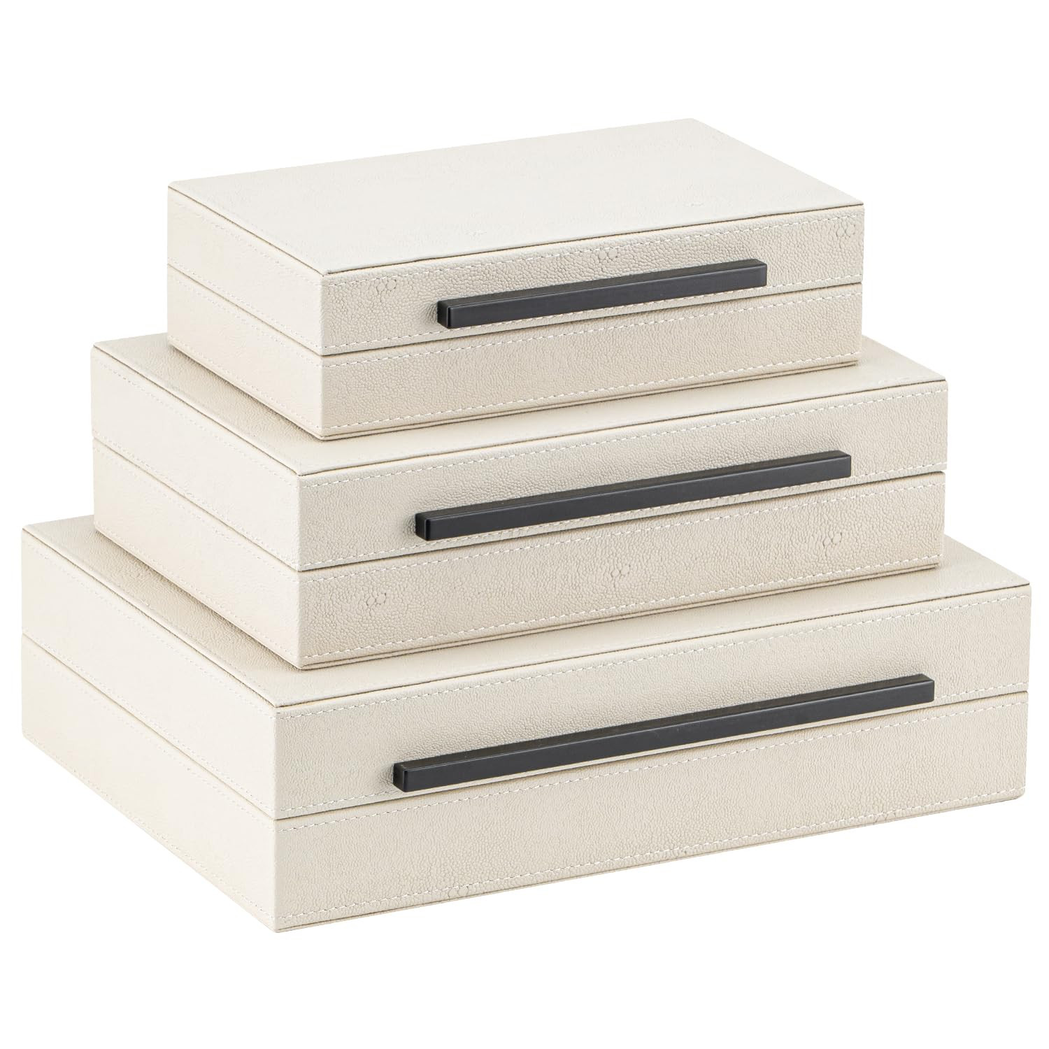 Set of 3 Beige Shagreen Decorative Storage Boxes with Black Metal Handles –Faux Leather Large Modern Stackable Nesting Jewelry Box with Lids Organizer | Amazon (US)