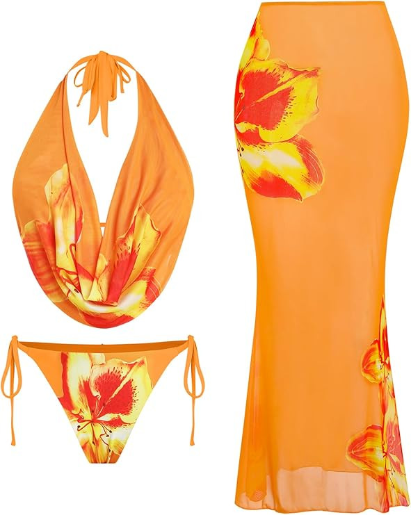 ZAFUL Women's 3 Piece Floral Swimsuit Draped Neck Halter Bikini Tie Side Bathing Suit with Sheer ... | Amazon (US)