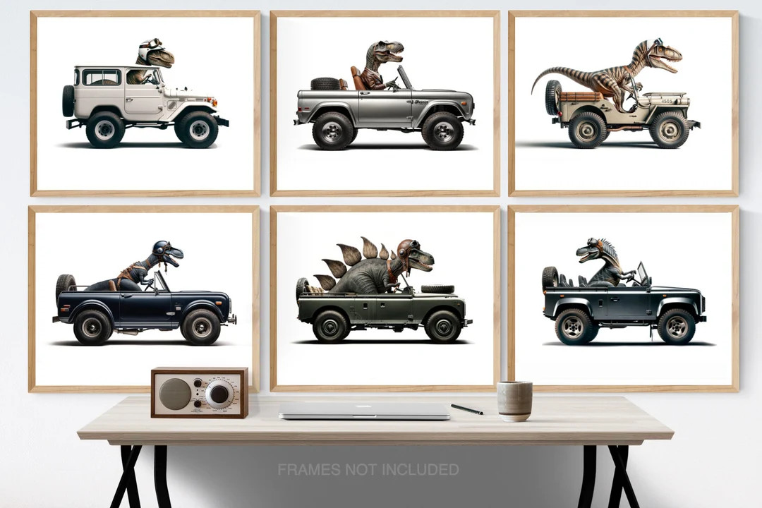 Set of Six Dinos Driving 4x4s, Unframed Photo Prints or Canvases, Dino Nursery Decor, Dinosaurs i... | Etsy (US)