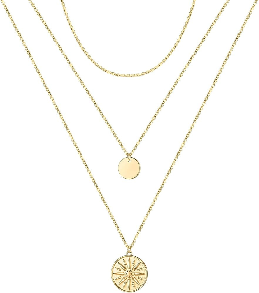Amazon.com: MONOOC Layered Necklaces for Women, Gold 3 Layered Circle Necklaces for Women Sun Nec... | Amazon (US)