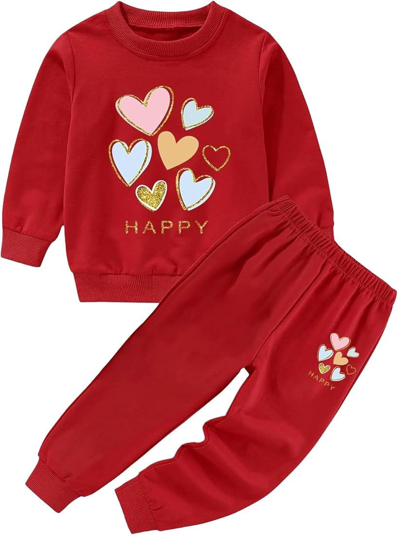 Cute Toddler Girl Sweatsuit - Valentines Heart Happy Print Kids Clothes Long Sweatshirt Pants Fal... | Amazon (US)